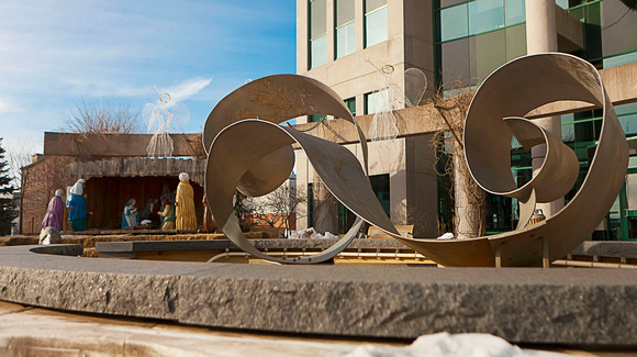 Moncton City Hall with metal sculpture and nativity scene